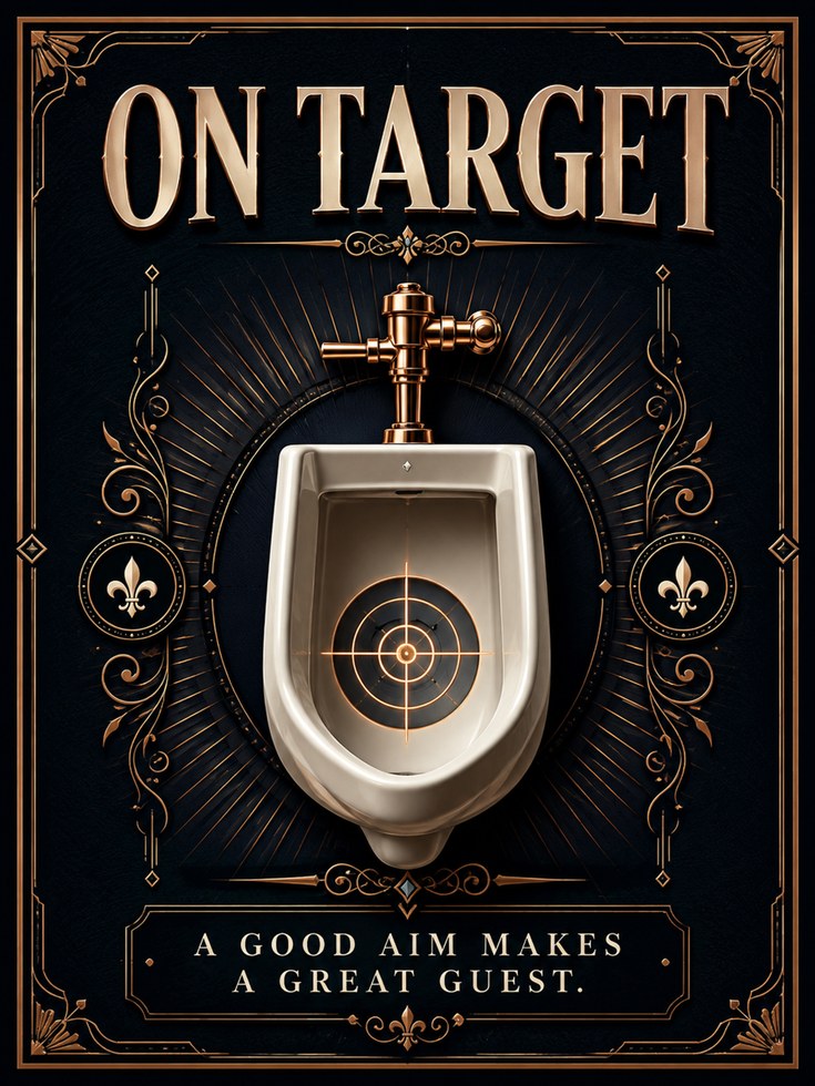 On Target Bathroom Wall Art: Art Deco Gold and Navy Humor Print - artwork on paper