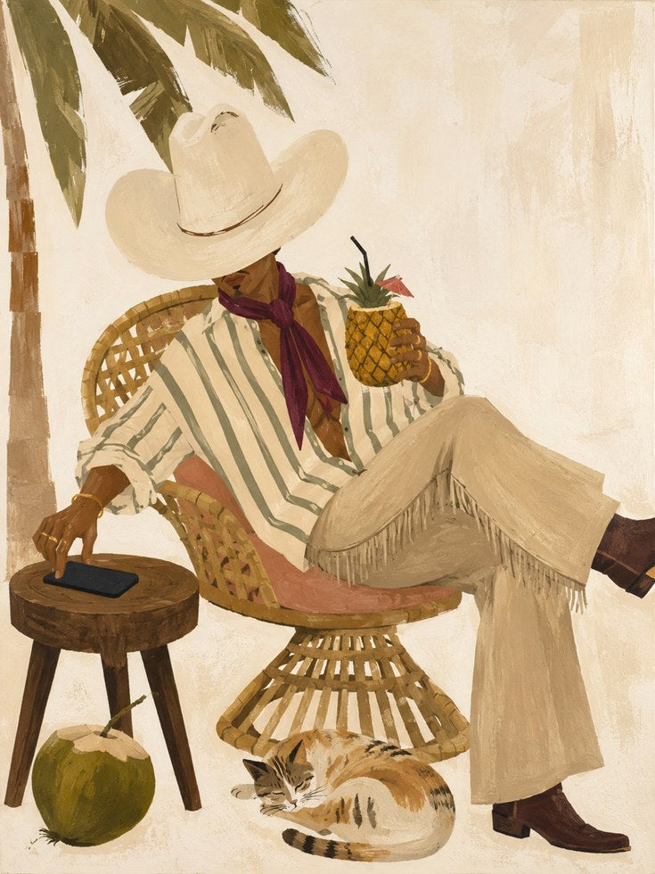 Tropical Leisure Wall Art: Figure With Pineapple In Rattan Chair - artwork on paper