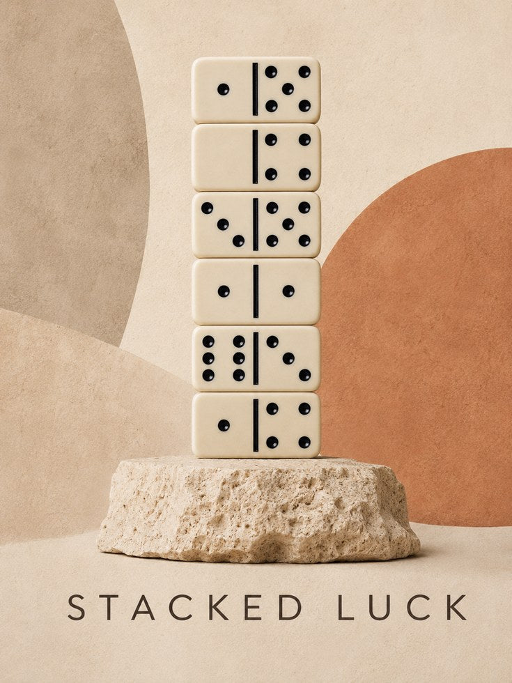 Stacked Luck Domino Tower Print: Minimalist Beige Still Life - artwork on paper