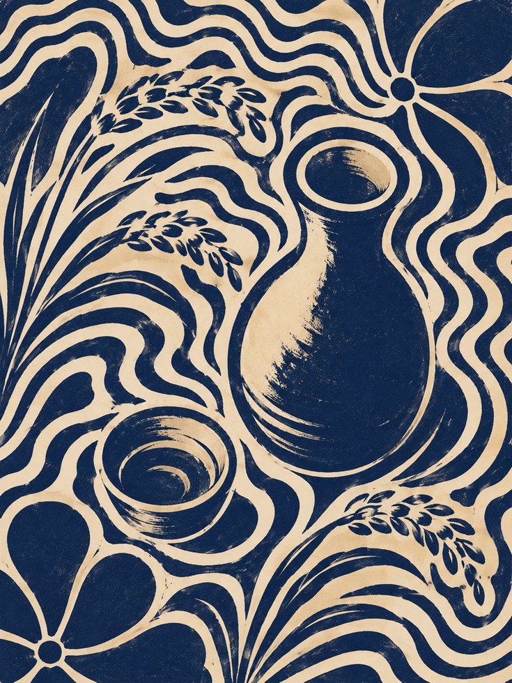 Art Nouveau Vase Print: Navy Blue and Cream Floral Design - artwork on paper