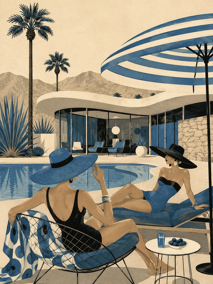 Mid-Century Palm Springs Poolside Art Print: Retro Modern Design - artwork on paper