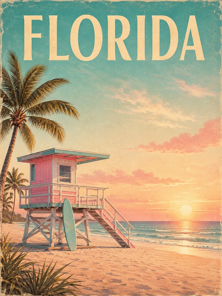 Florida Travel Poster – Vintage Beach Print - artwork on paper