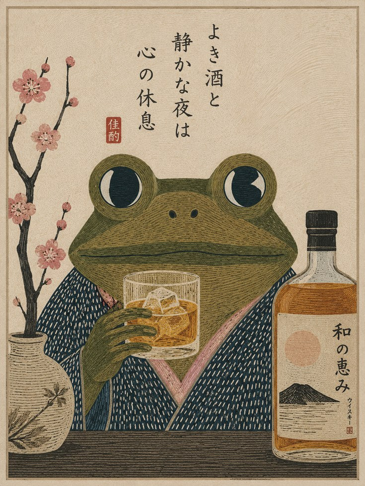 Japanese Frog Whiskey Art – Asian Folk Print - artwork on paper
