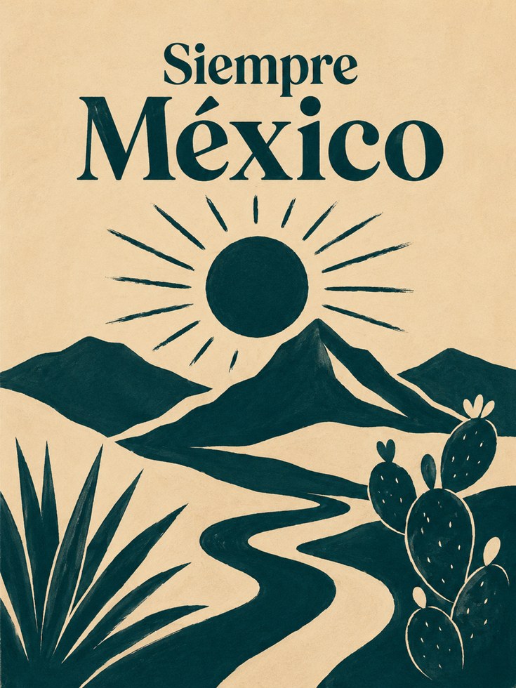 Siempre Mexico Poster: Vintage Desert Landscape with Cactus - artwork on paper