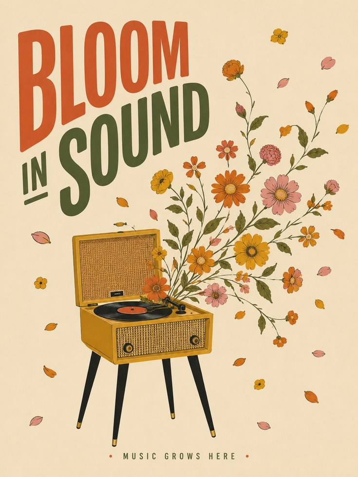Vintage Record Player with Autumn Florals: Retro Music Poster - artwork on paper