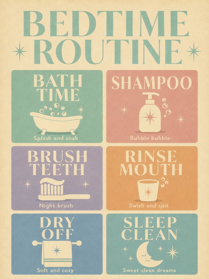 Bedtime Routine Chart: Retro Kids Wall Art (Educational Poster) - artwork on paper