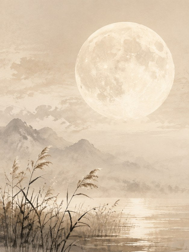 Full Moon Over Misty Lake Art Print: Sepia Landscape Wall Art - artwork on paper