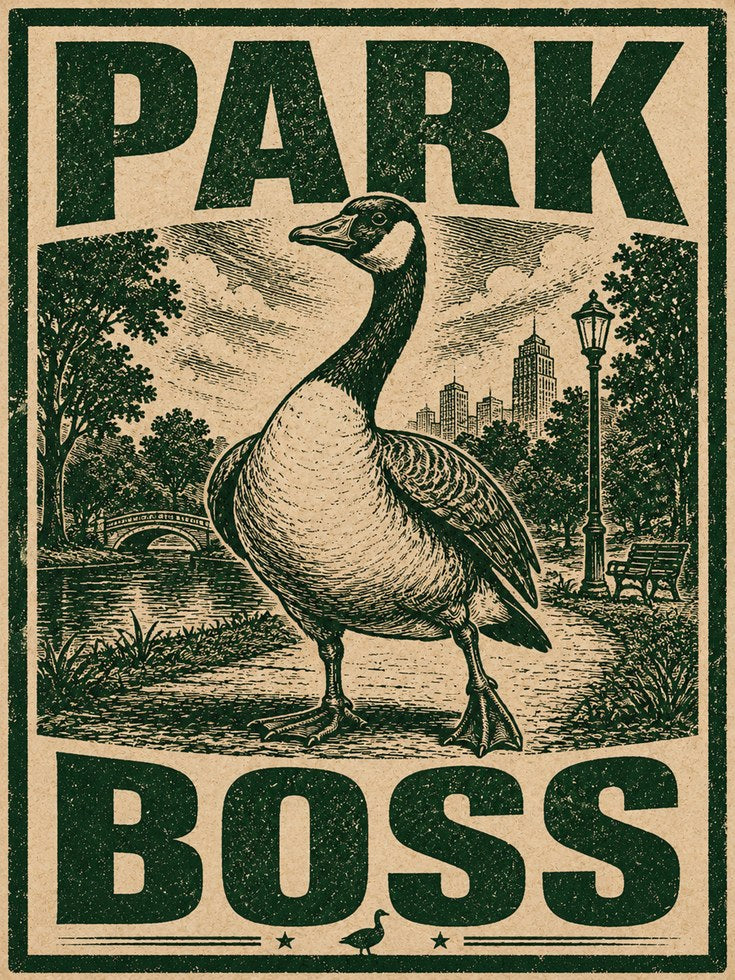 Park Boss Goose Print: Vintage Woodcut Style Green Poster - artwork on paper