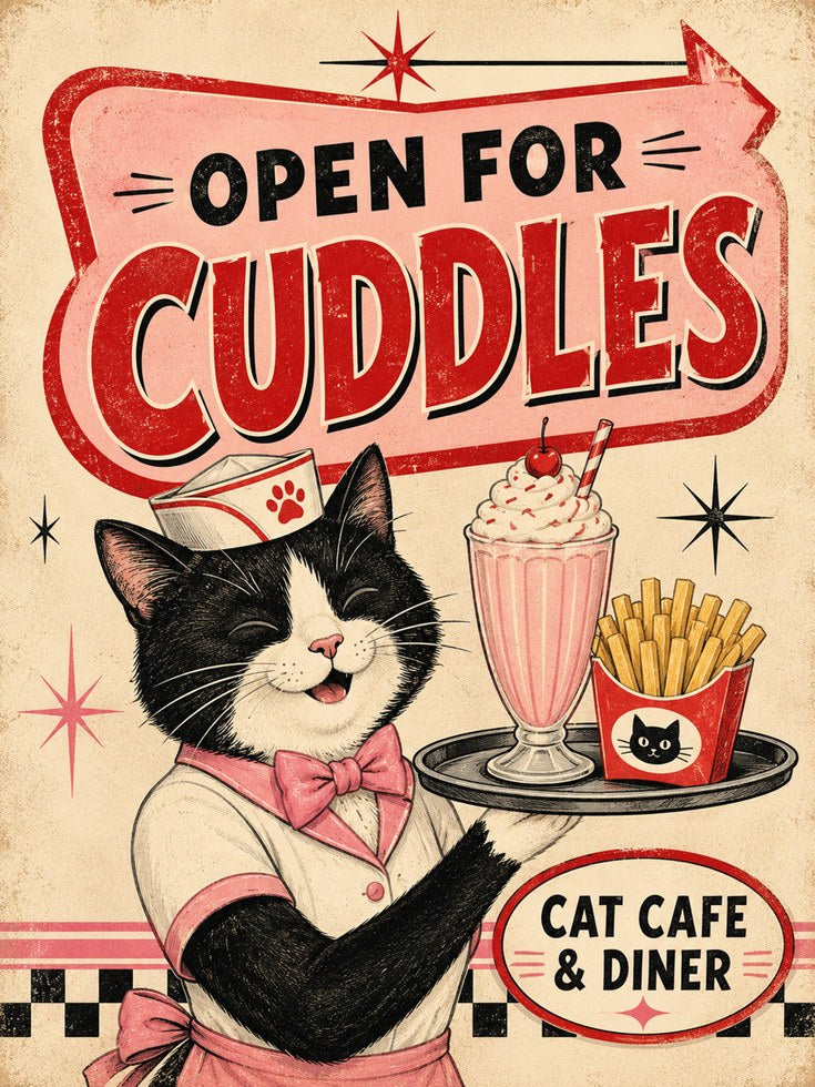 Cat Cafe Wall Art – Retro Diner Print - artwork on paper