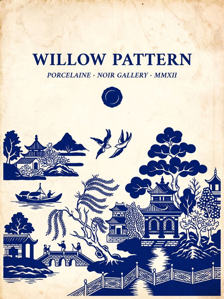 Willow Pattern Wall Art: Traditional Blue and White - artwork on paper