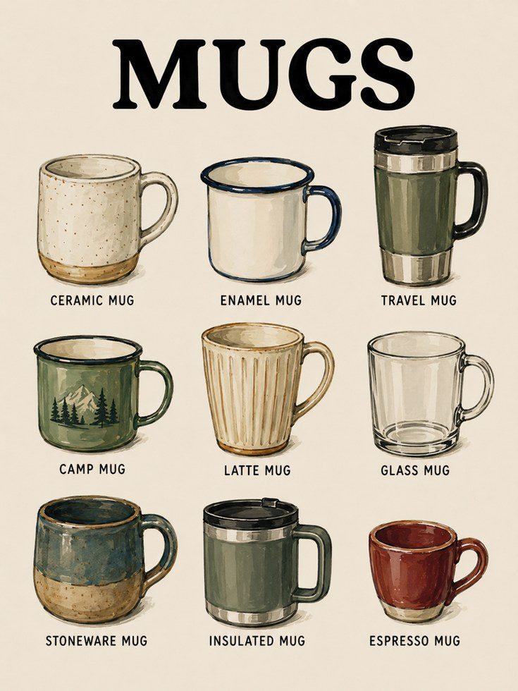 Coffee Mug Types Print — Educational Chart Illustration - artwork on paper