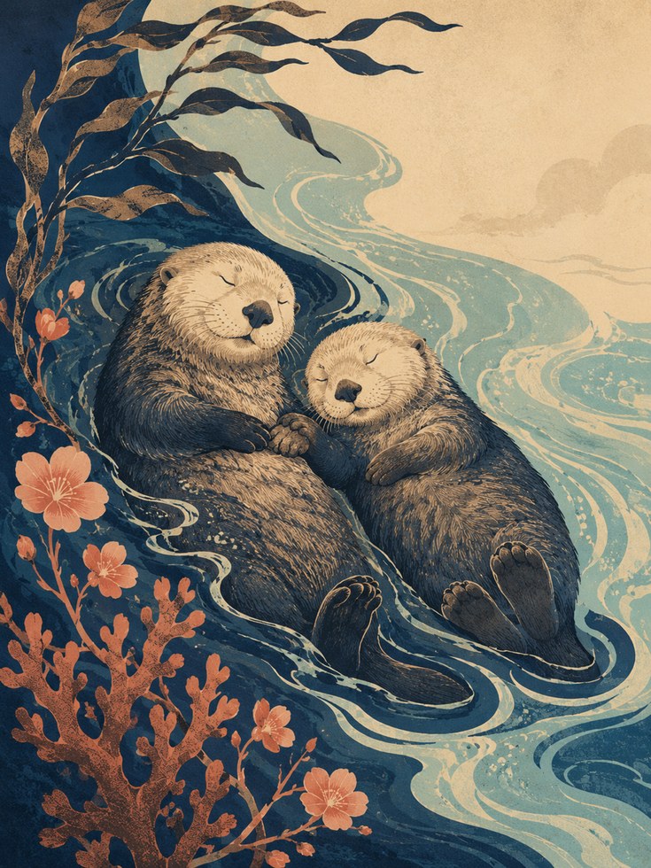 Sea Otter Art Print — Japanese Wave Style - artwork on paper