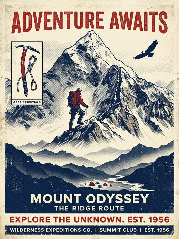 Vintage Mountain Climbing Poster — Retro Adventure Travel Art - artwork on paper
