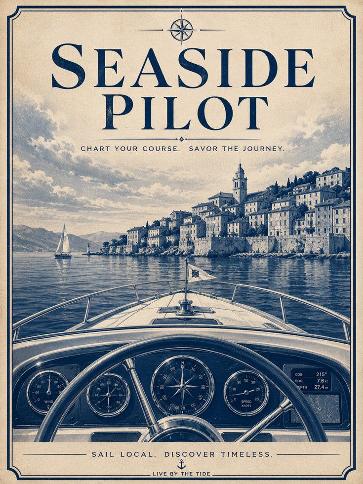 Seaside Pilot Poster: Vintage Nautical Mediterranean Coast Art - artwork on paper