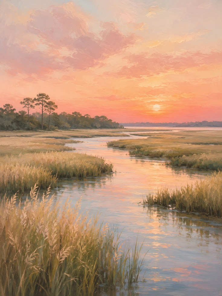 Coastal Marsh Sunset – Wetland Landscape Print - artwork on paper