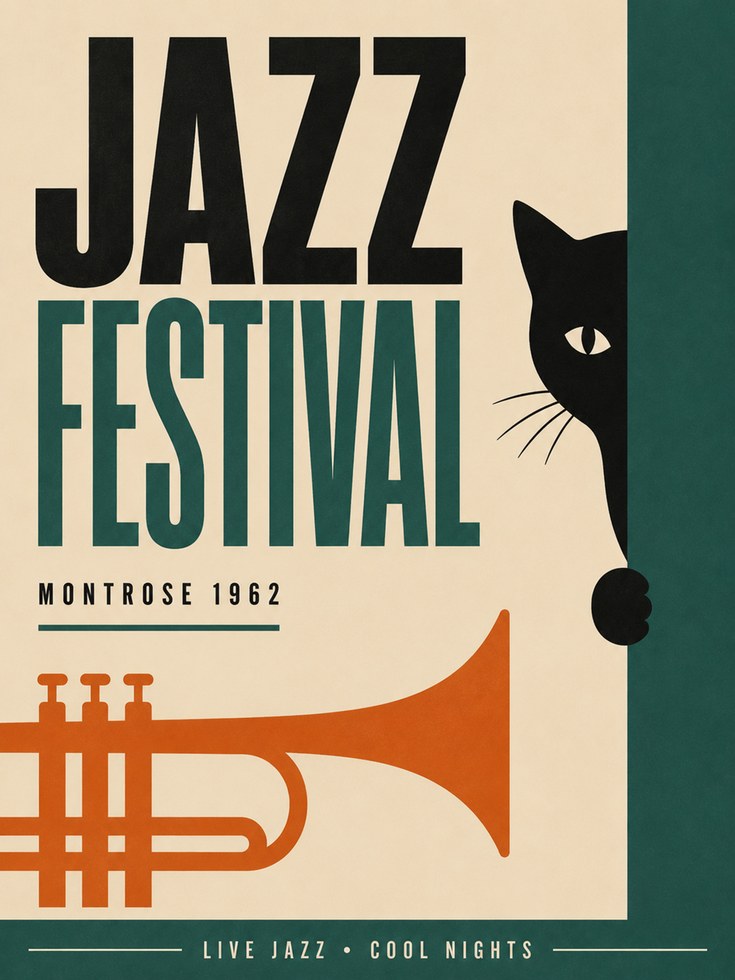 Jazz Festival Cat Poster: Retro 1962 Montrose Music Art Print - artwork on paper