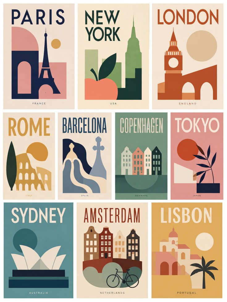 Travel Poster Set: Geometric City Landmarks - artwork on paper