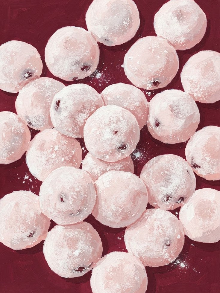 Sugar Dusted Donuts Wall Art: Pink and Burgundy Food Photography - artwork on paper