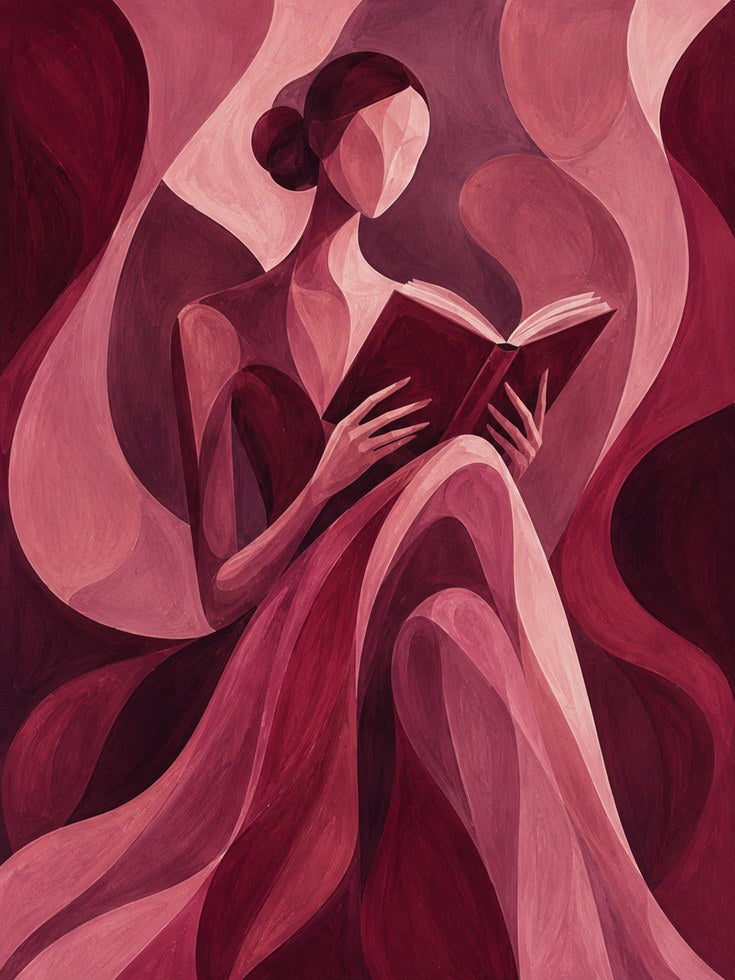 Reading Woman Art Print: Cubist Style Pink and Burgundy Design - artwork on paper