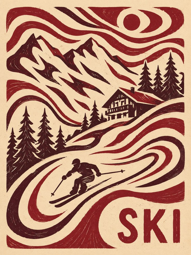 Vintage Ski Poster – Retro Mountain Print - artwork on paper