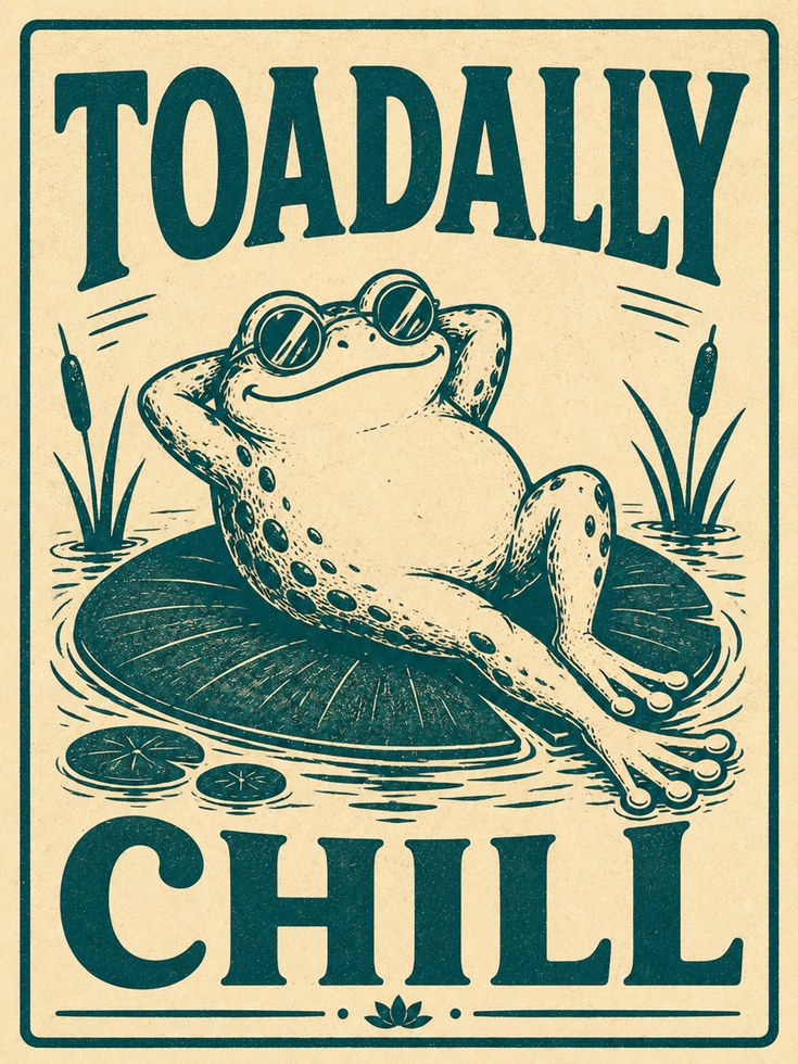 Frog Illustration Print: Vintage Retro Style (Teal and Cream) - artwork on paper