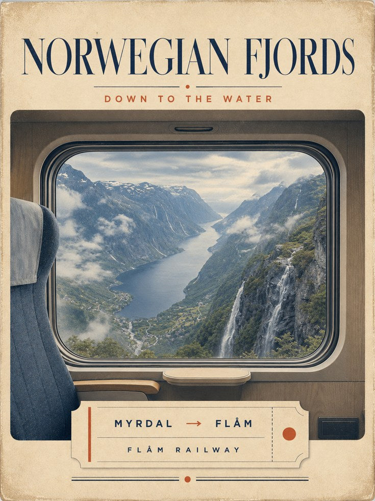 Norwegian Fjords Travel Poster: Vintage Railway Window Art Print - artwork on paper