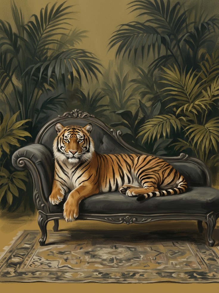 Tiger on Chaise Lounge Art Print: Tropical Palm Jungle Decor - artwork on paper