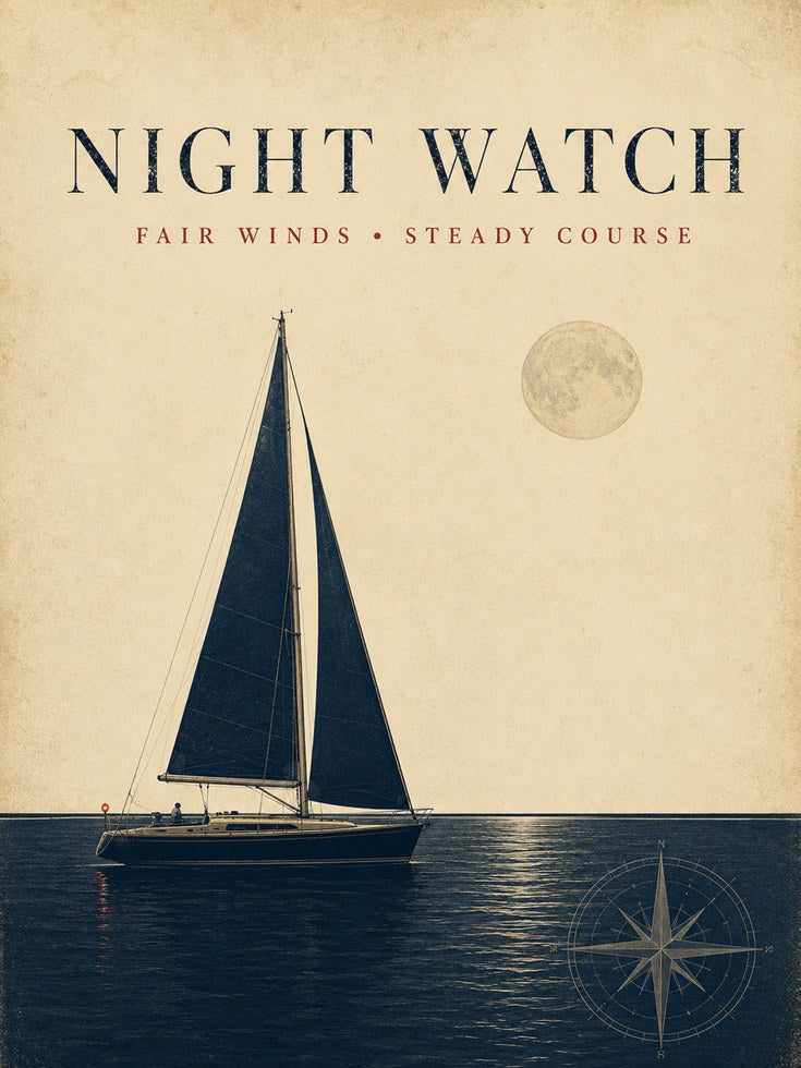 Night Watch Sailboat Art Print: Vintage Nautical Moon Poster - artwork on paper