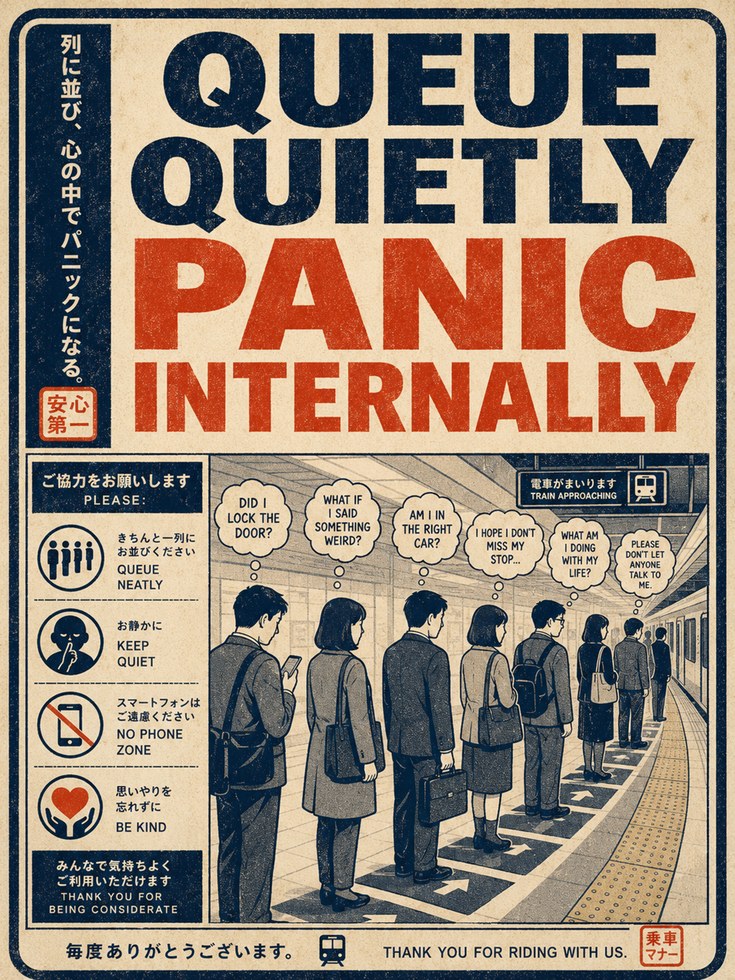 Queue Quietly Panic Internally: Retro Japanese Transit Poster - artwork on paper