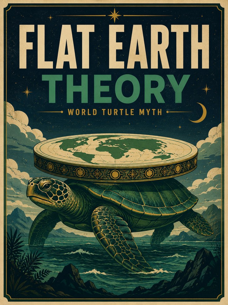 World Turtle Myth Poster: Vintage Flat Earth Print (Teal & Gold) - artwork on paper