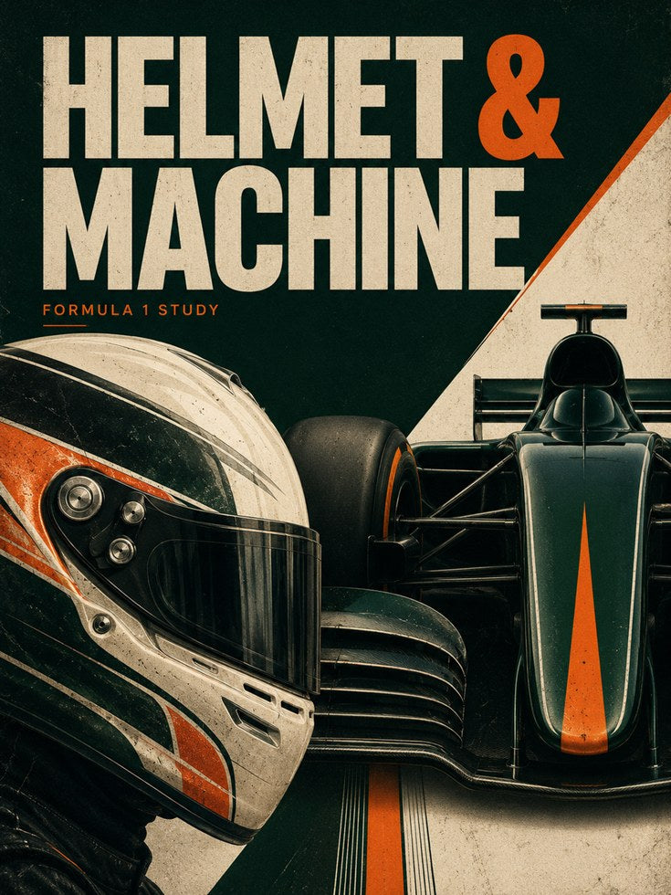 Vintage Formula 1 Racing Poster: Retro Helmet and Car Art - artwork on paper