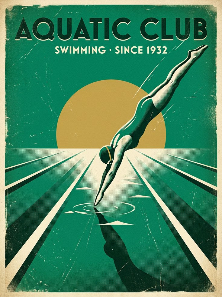 Art Deco Swimming Poster – Vintage Aquatic Club Diver Print - artwork on paper