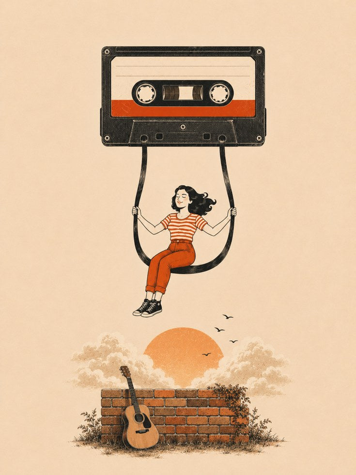 Vintage Cassette Tape Swing Art Print: Retro Music Illustration - artwork on paper