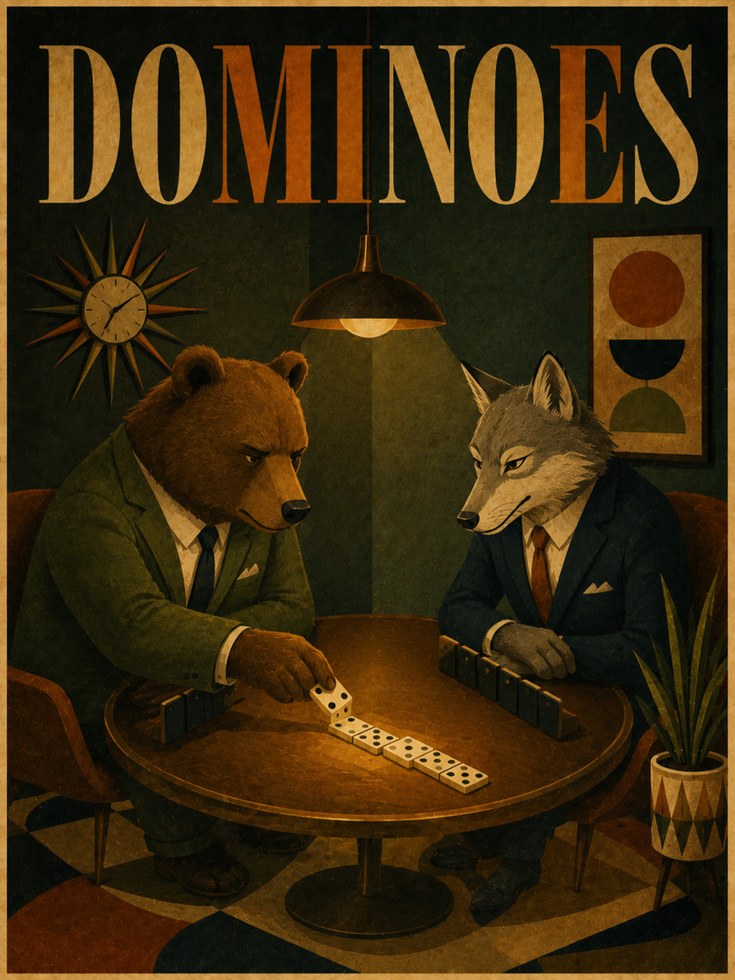 Dominoes Game Art Print: Retro Bear and Wolf Illustration - artwork on paper