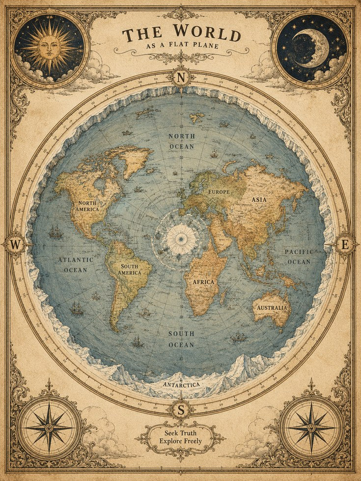 Flat Earth Map Poster – Vintage World Map Print - artwork on paper