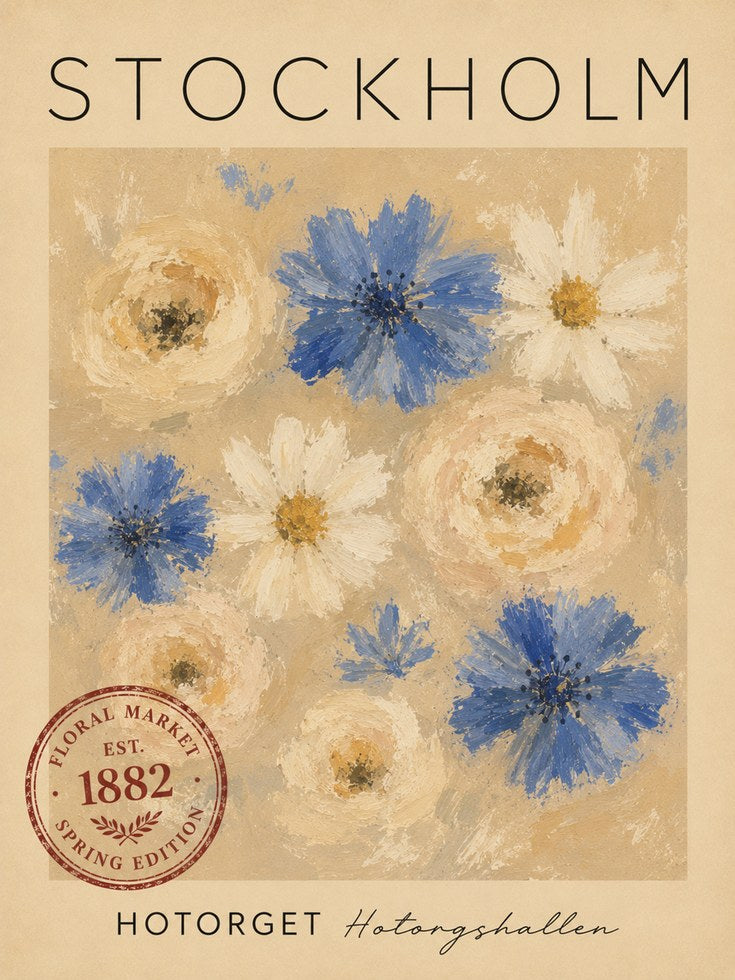 Stockholm Travel Poster – Vintage Floral Print - artwork on paper