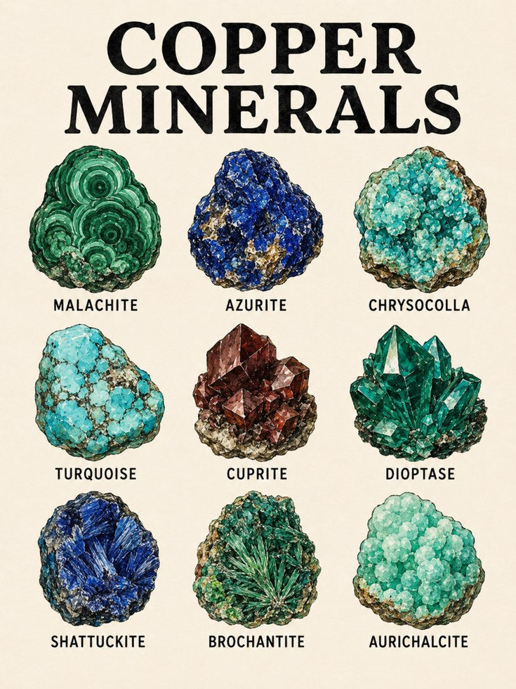 Copper Minerals Educational Poster: Vintage Geology Chart Art - artwork on paper