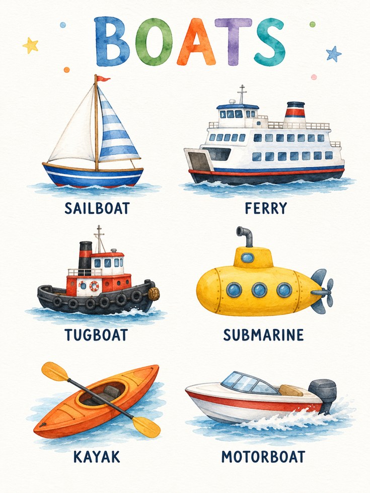 Watercolor Boats Print: Educational Kids Poster for Nursery - artwork on paper