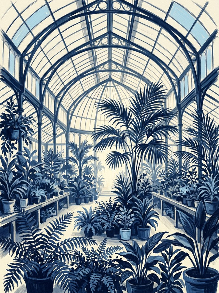 Victorian Conservatory Art Print: Blue Botanical Garden Interior - artwork on paper