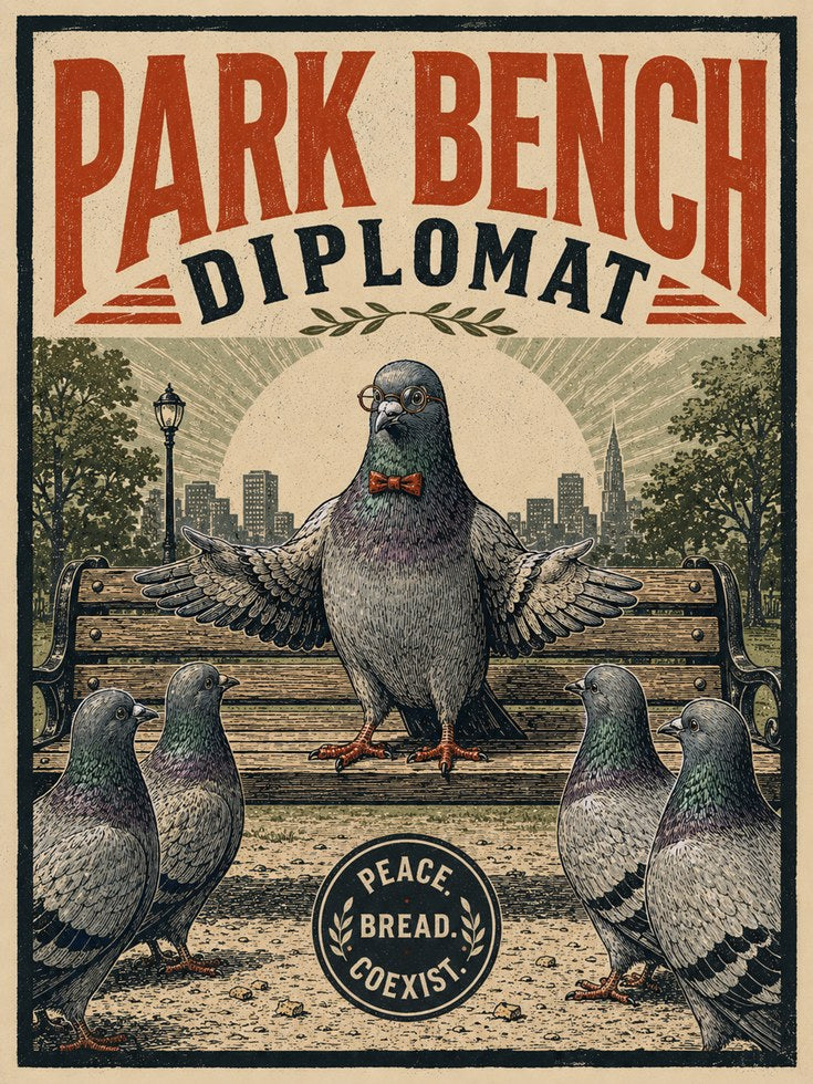 Park Bench Diplomat Poster: Vintage Pigeon Art (Mid-Century Style) - artwork on paper