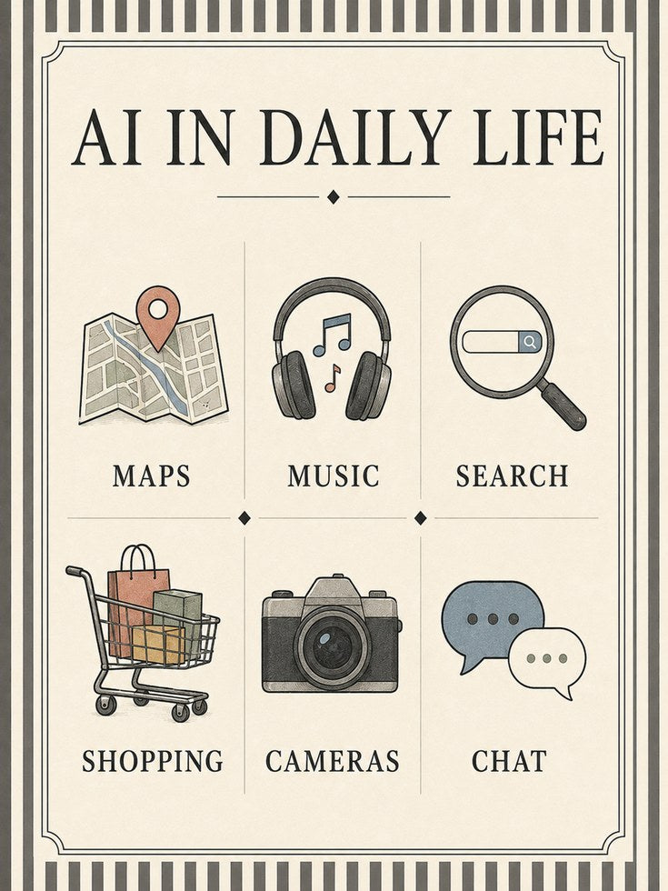 AI In Daily Life Poster: Vintage Technology Infographic Print - artwork on paper
