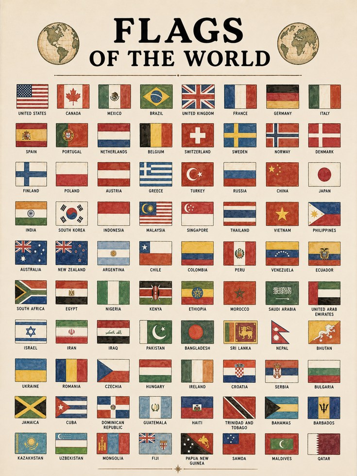 Flags of the World Chart: Vintage Educational Wall Art - artwork on paper
