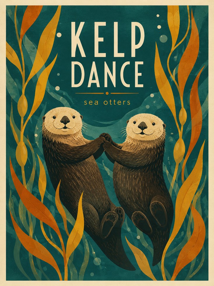Sea Otter Print — Kelp Dance Vintage Illustration - artwork on paper
