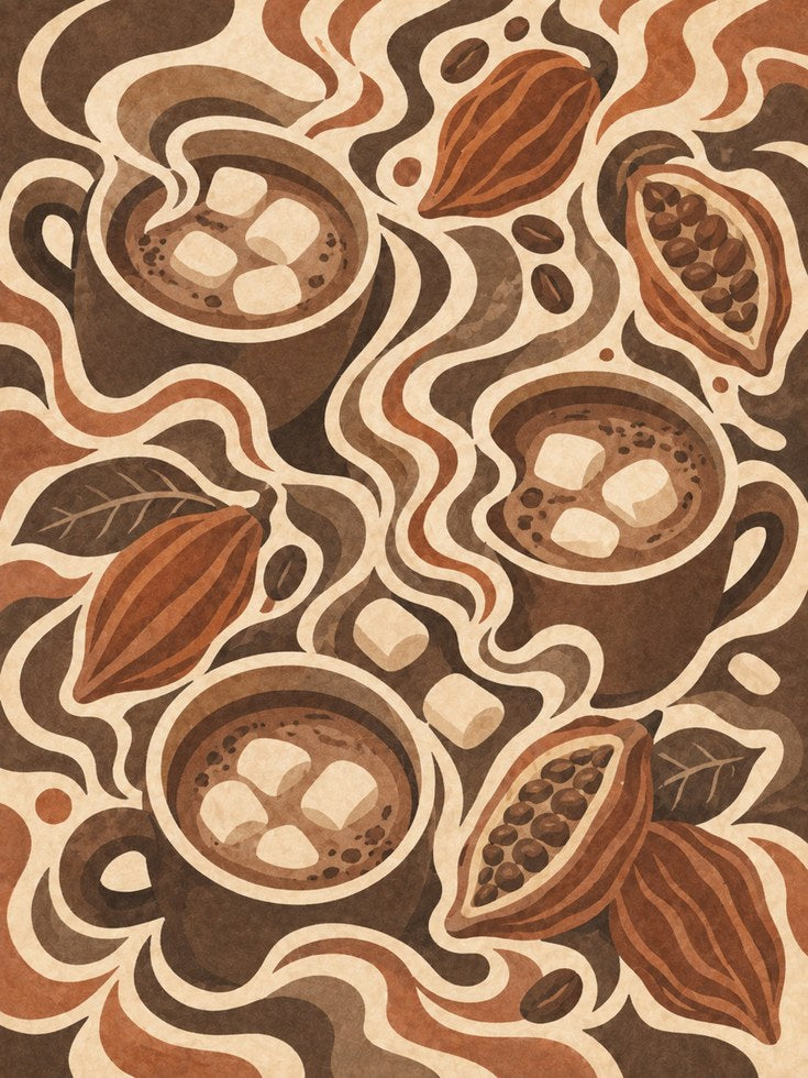 Hot Chocolate and Cocoa Pods Art Print: Retro Brown Illustration - artwork on paper