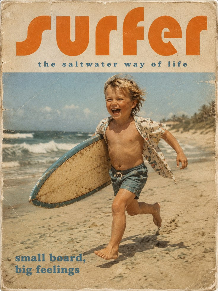 Vintage Surfer Magazine Print — Retro Beach Child with Surfboard - artwork on paper