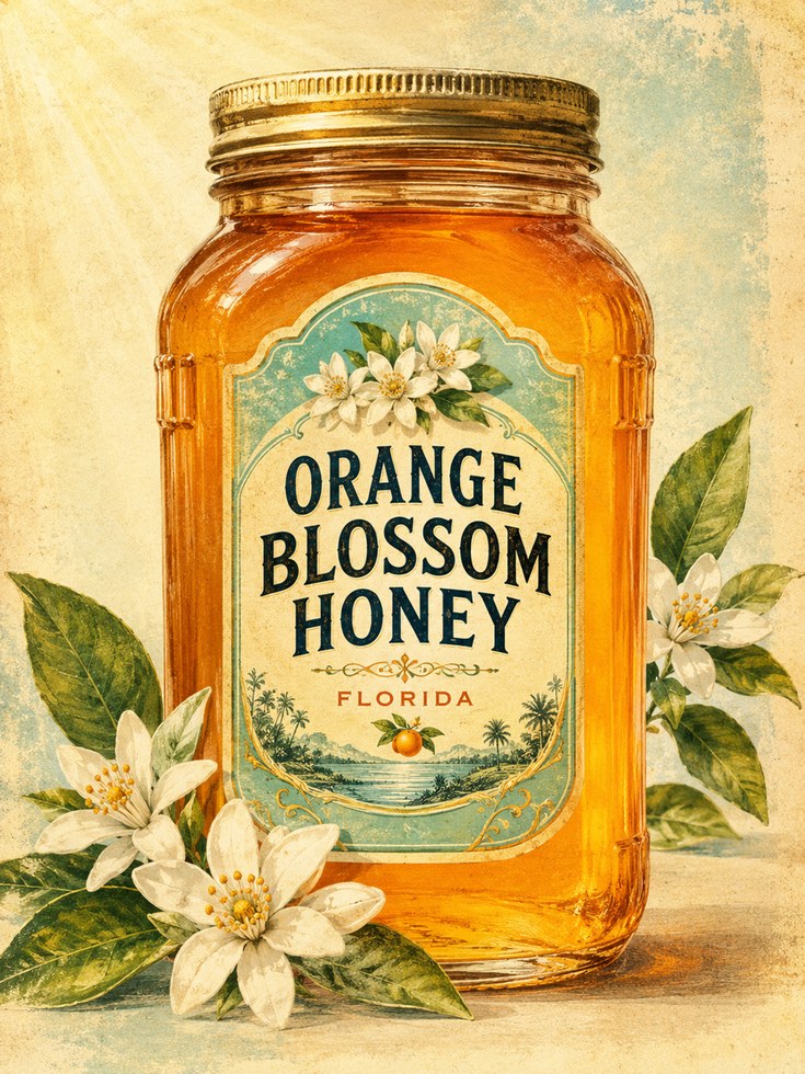 Orange Blossom Honey Jar Print: Vintage Florida Kitchen Art - artwork on paper