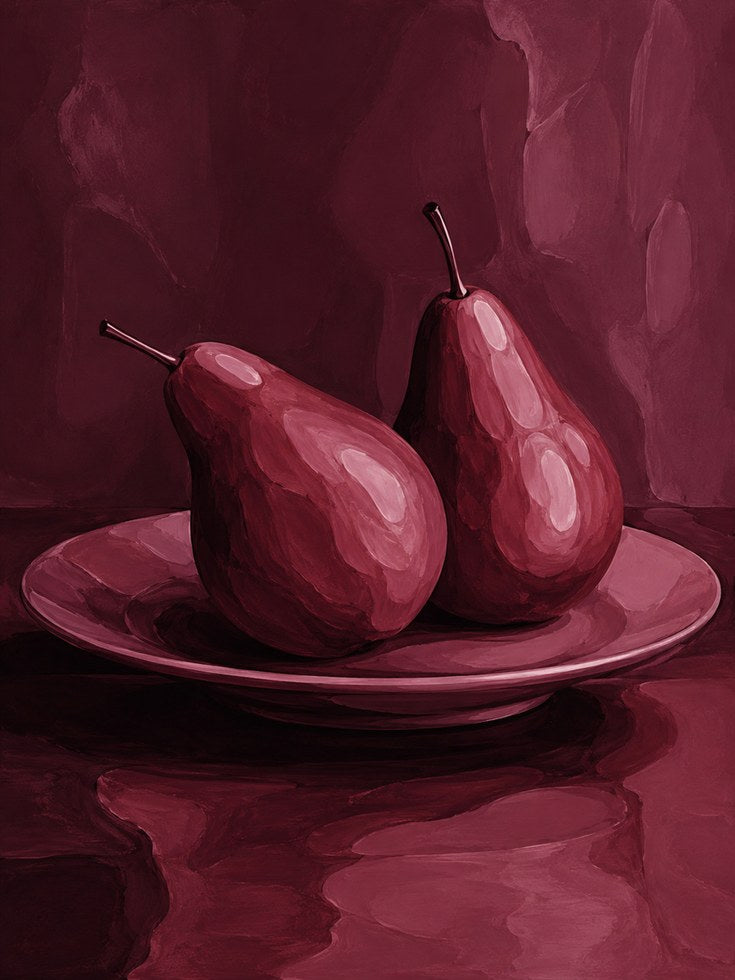 Monochromatic Pears Still Life: Burgundy Red Art Print - artwork on paper