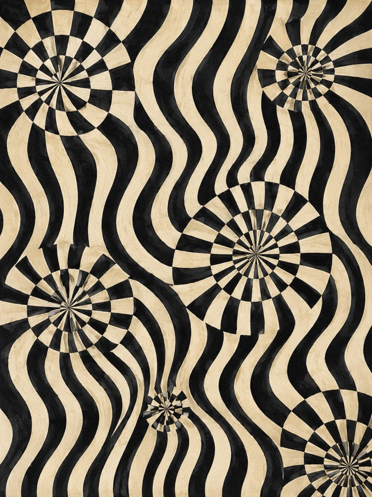Op Art Spiral Waves Print: Black and Cream Geometric Poster - artwork on paper