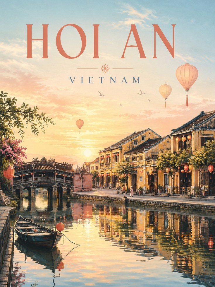 Hoi An Vietnam Travel Poster: Sunset Over Ancient Town Canals - artwork on paper