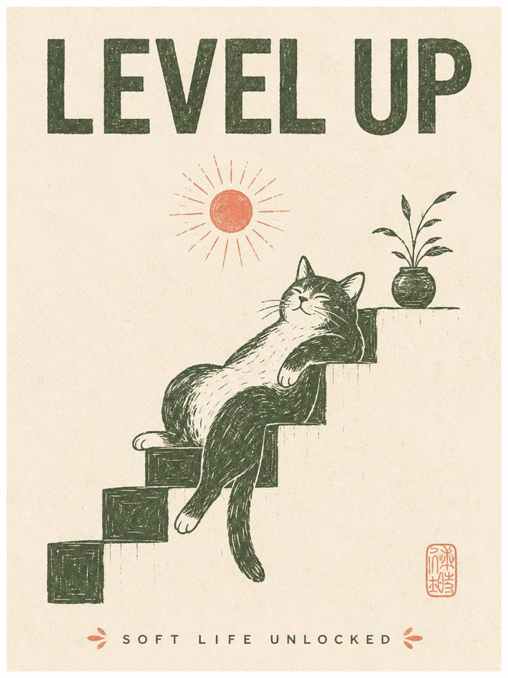 Level Up Cat on Stairs Print: Vintage Motivational Poster Art - artwork on paper